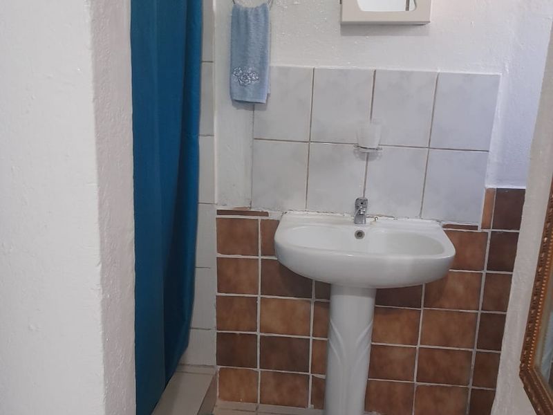 A compact bathroom featuring a pedestal basin, tiled splashback, and a shower area with a curtain.