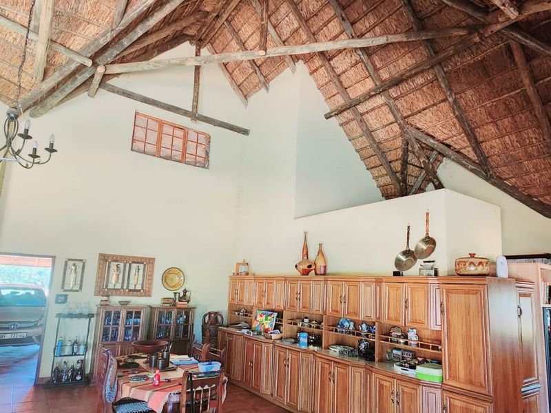 Spacious open-plan living area featuring a high vaulted thatched ceiling with exposed timber trusses and extensive built-in wooden cabinetry.