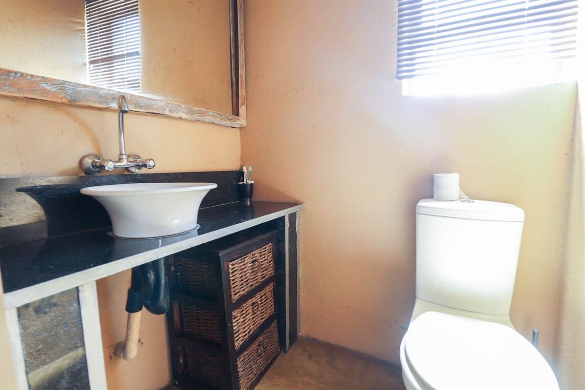 A compact bathroom featuring a vessel sink vanity with exposed plumbing, a wall-mounted mirror, and a standard white toilet.