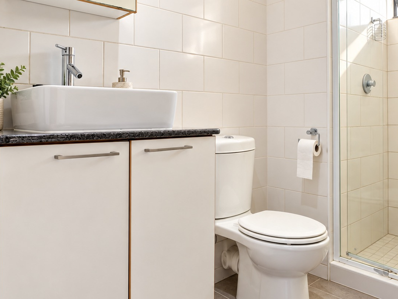 A clean, modern bathroom featuring a vessel sink on a granite vanity, a white toilet, and a glass-enclosed shower with neutral wall tiling.