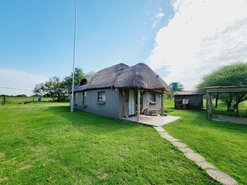 Rear view of a thatched-roof farm cottage featuring a covered patio, stone walkway, and surrounding green lawn with an adjacent timber outbuilding.