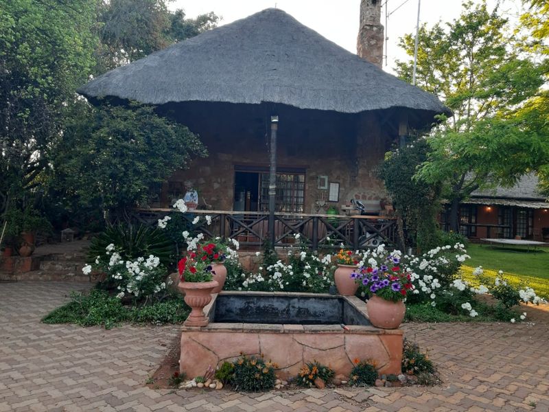 A rustic farm-style cottage featuring a traditional thatched roof, stone exterior, and a covered patio overlooking a landscaped garden with a stone water feature.