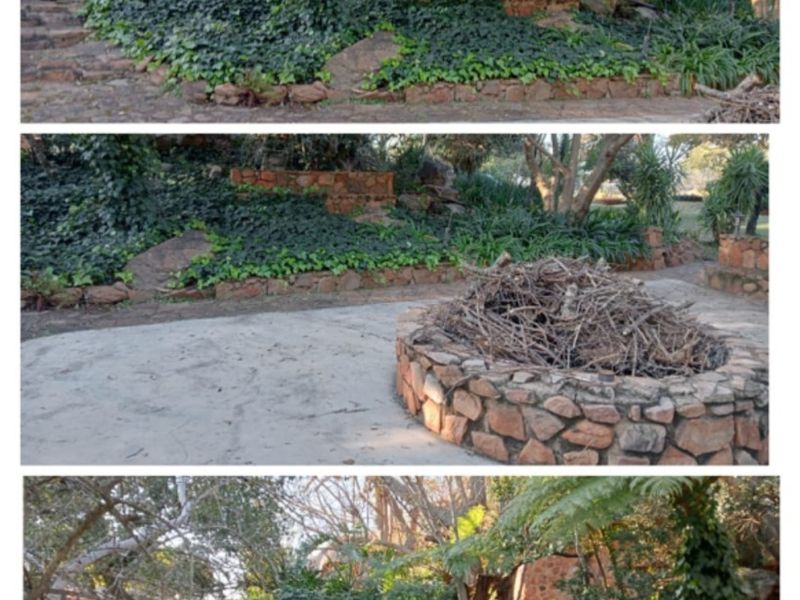 A multi-panel view of a rustic garden area featuring stone retaining walls, paved pathways, and a circular stone fire pit.