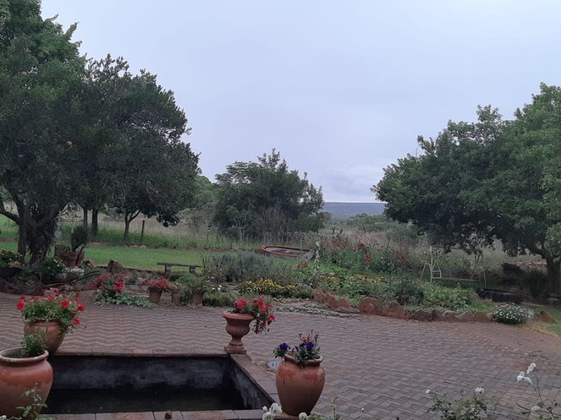 A view of the rear garden area featuring a paved patio, a small built-in water feature, and established trees overlooking the surrounding landscape.