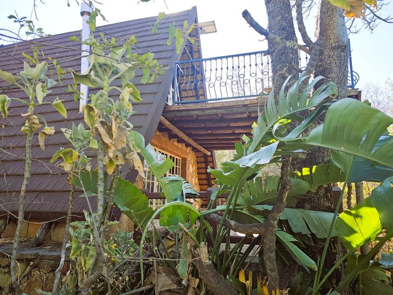 A rustic A-frame style house exterior featuring a raised balcony with decorative metal railings and stone wall accents, surrounded by mature garden foliage.