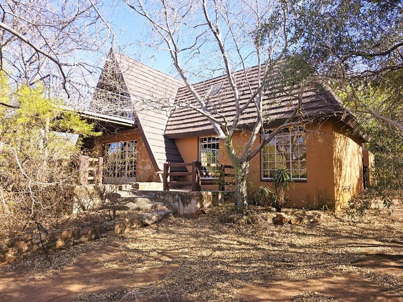 A rustic A-frame style house featuring a stone-clad facade, tiled roof, and a raised wooden deck entrance surrounded by mature trees.