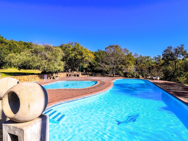 A spacious outdoor swimming pool area featuring paved surrounds, stone retaining walls, and mature garden landscaping in a tranquil setting.