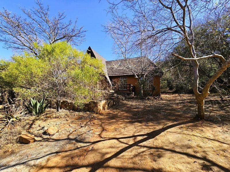 A rustic house exterior featuring a pitched roof, set within a natural, wooded landscape with a dirt driveway and stone retaining wall.