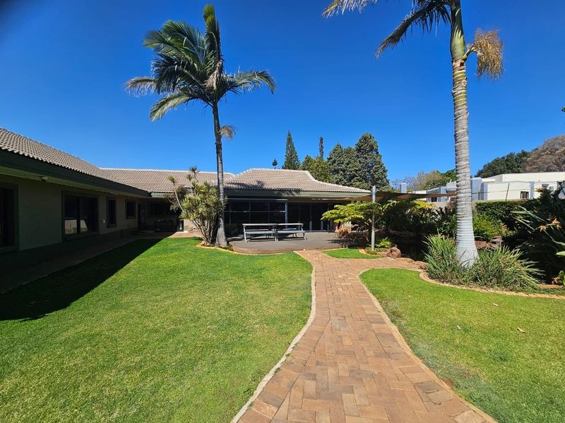 A well-maintained rear garden featuring a paved walkway, lush lawn, mature palm trees, and a wooden deck area attached to the house.
