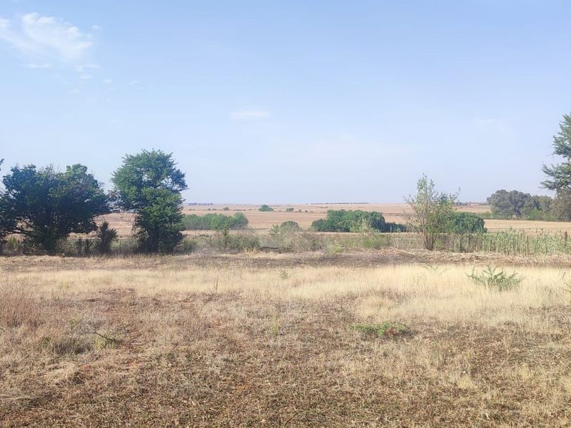 A wide-angle view of the vacant residential land, showcasing the natural landscape, open fields, and mature trees on the property.