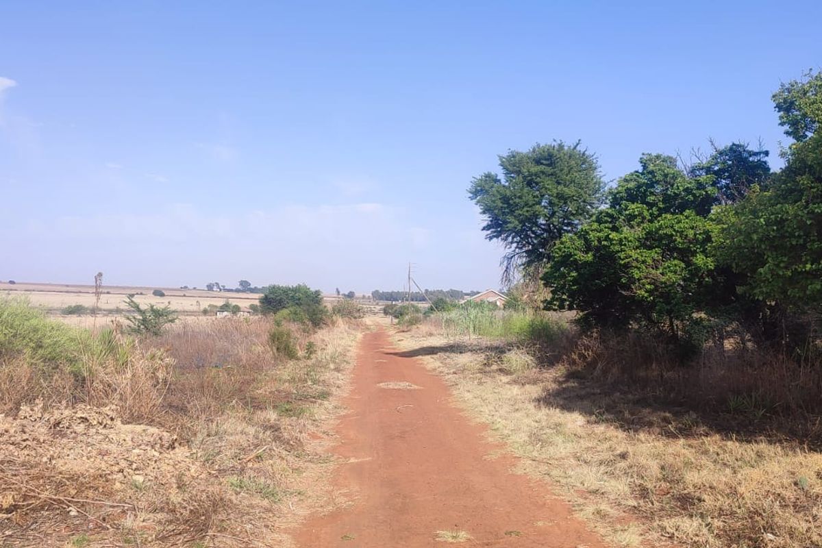 A view of a dirt access road leading through a vacant residential plot with natural vegetation and surrounding landscape.