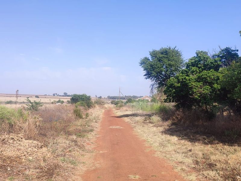 A view of a dirt access road leading through a vacant residential plot with natural vegetation and surrounding landscape.