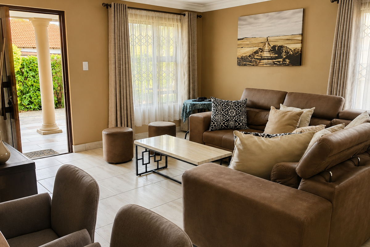 A comfortable living room featuring tiled flooring, neutral walls, and direct access to an outdoor patio area through a sliding door.