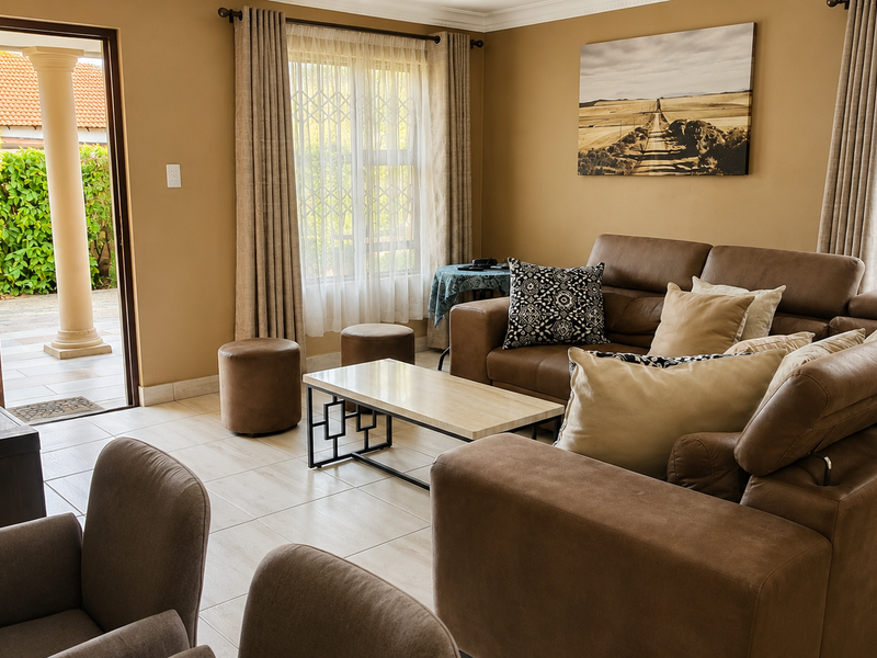 A comfortable living room featuring tiled flooring, neutral walls, and direct access to an outdoor patio area through a sliding door.
