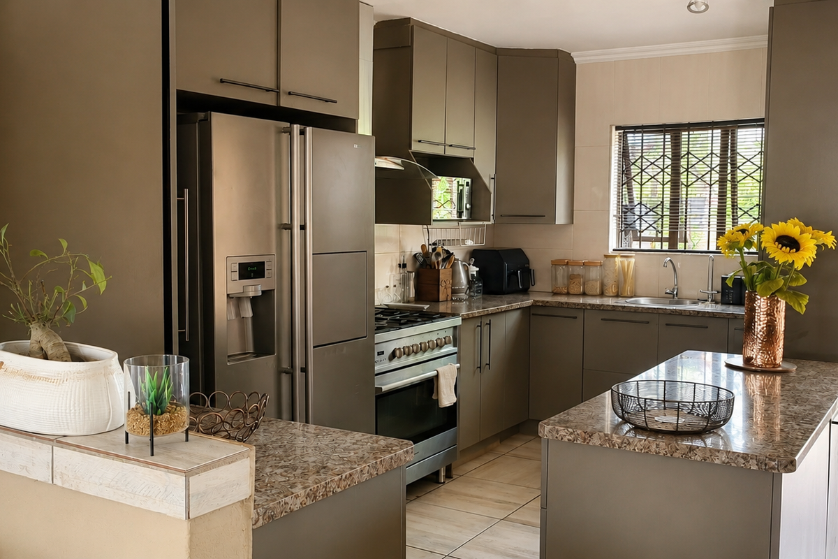Modern kitchen featuring dark cabinetry, granite countertops, a stainless steel gas stove, and a functional island layout with direct access to the exterior.