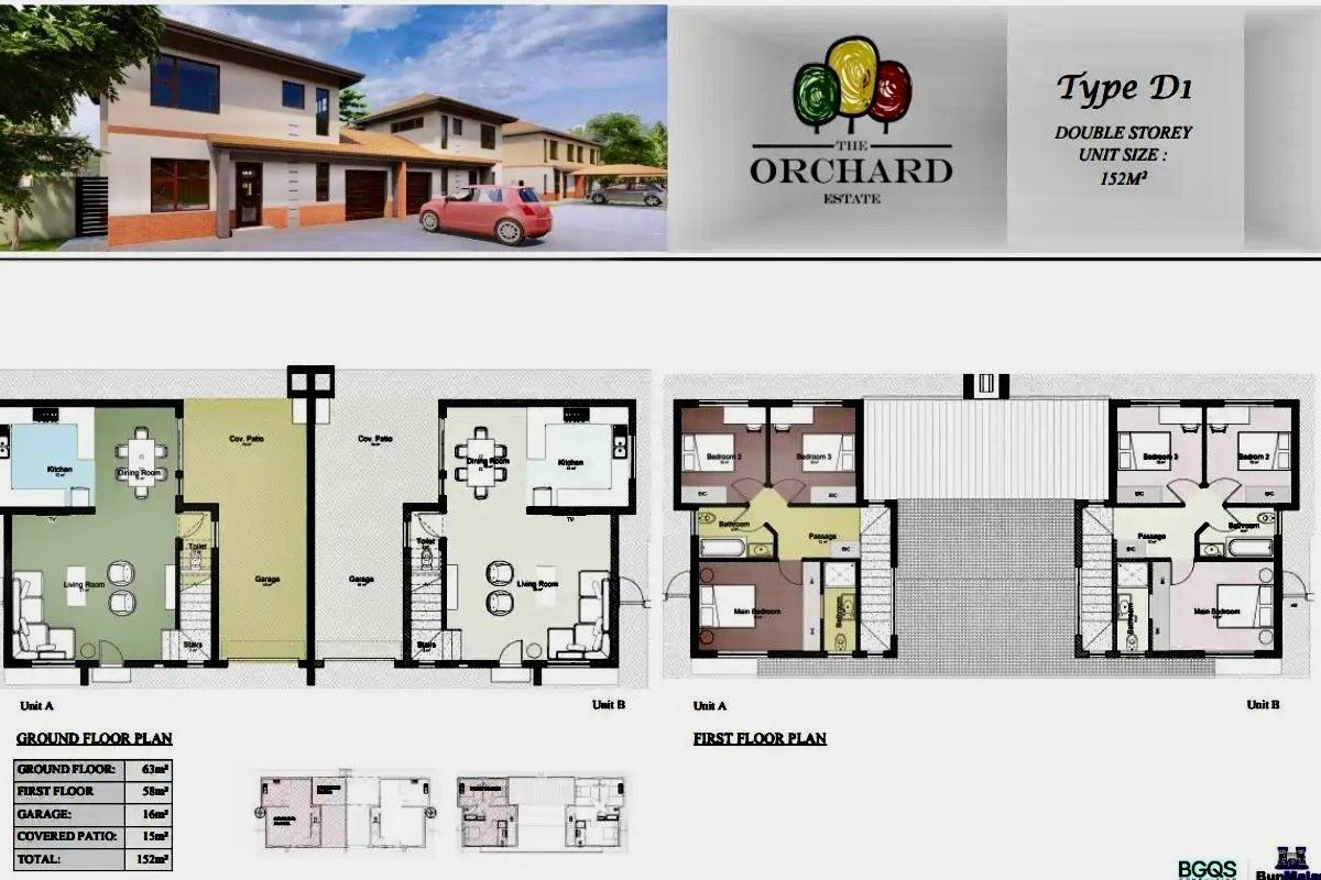 Architectural floor plan and exterior rendering for a 152m2 double-storey townhouse unit, showcasing the layout of ground and first floor levels.