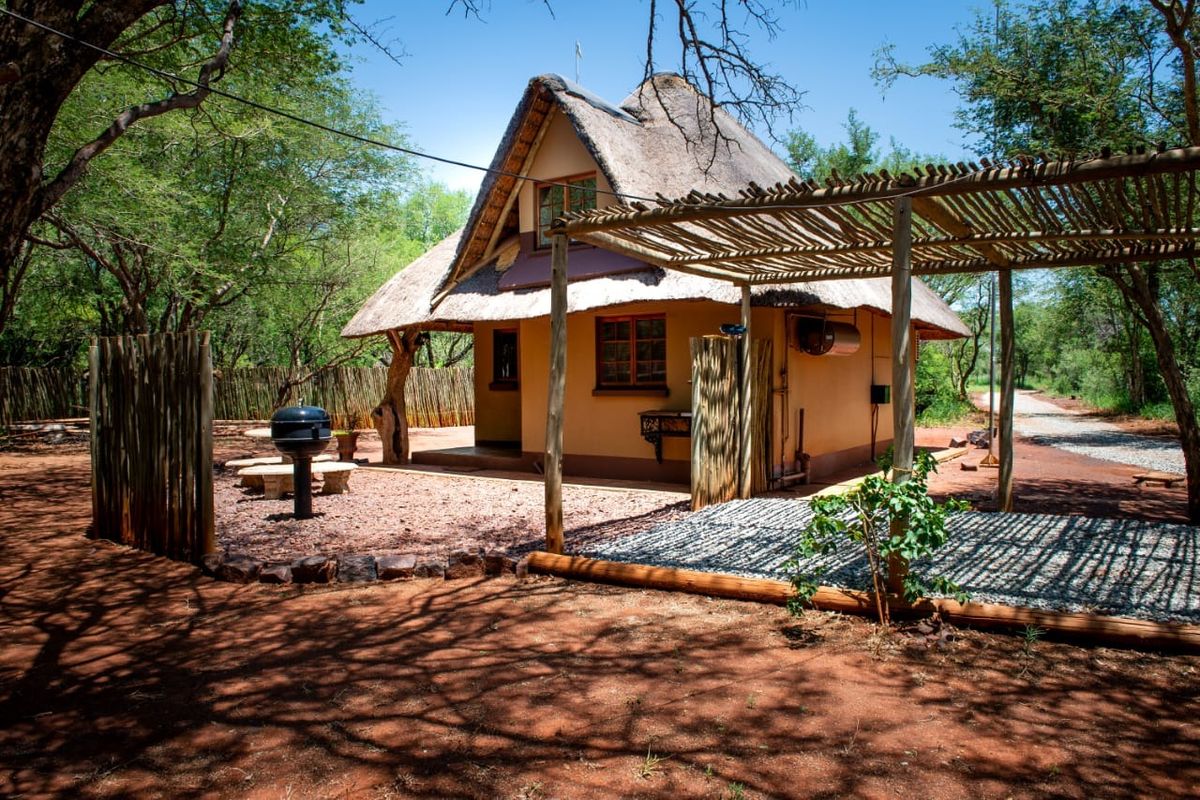 A charming thatched-roof farm cottage featuring a rustic timber pergola and a gravel outdoor entertainment area set within a natural bushveld environment.