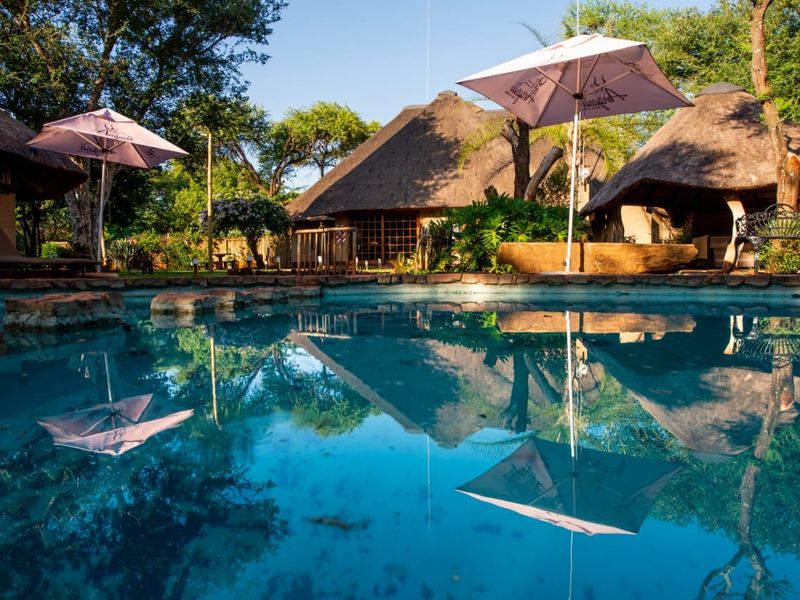A tranquil outdoor pool area featuring traditional thatched roof structures, stone coping, and lush surrounding greenery in a farm-style setting.