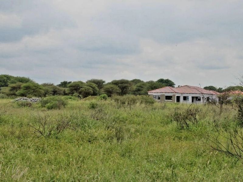 A view of a residential plot featuring an unfinished building structure surrounded by overgrown natural vegetation.