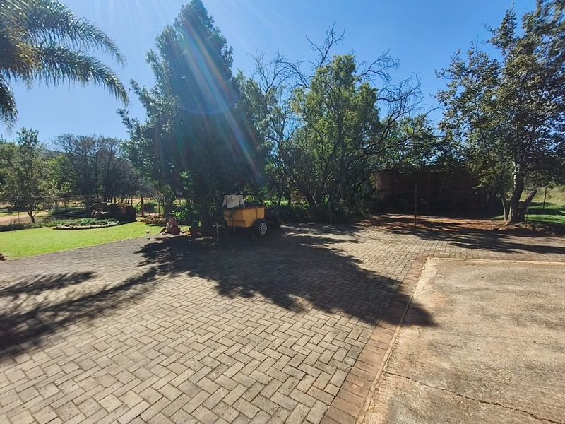 A spacious outdoor area featuring a paved driveway, established trees, and a well-maintained lawn, typical of a rural farm property setting.