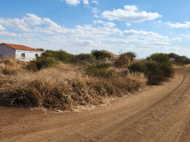 A view of an undeveloped residential plot of land featuring native vegetation and access via a dirt road.