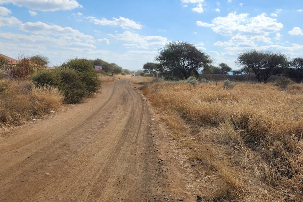 A view of an unpaved dirt road leading through a vacant residential area with natural dry grass and scattered trees.