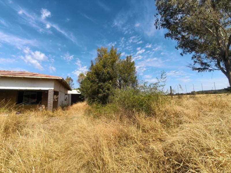 Rear view of a property in poor condition, featuring a weathered structure with damaged roof and exterior walls, surrounded by overgrown dry grass.