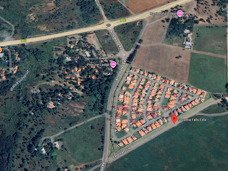 An aerial view showing the location of Savanna Falls Estate in relation to surrounding roads and residential areas.