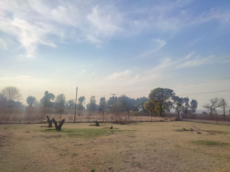 A view of a vacant residential plot featuring dry grass, wire mesh perimeter fencing, and scattered trees under a clear sky.