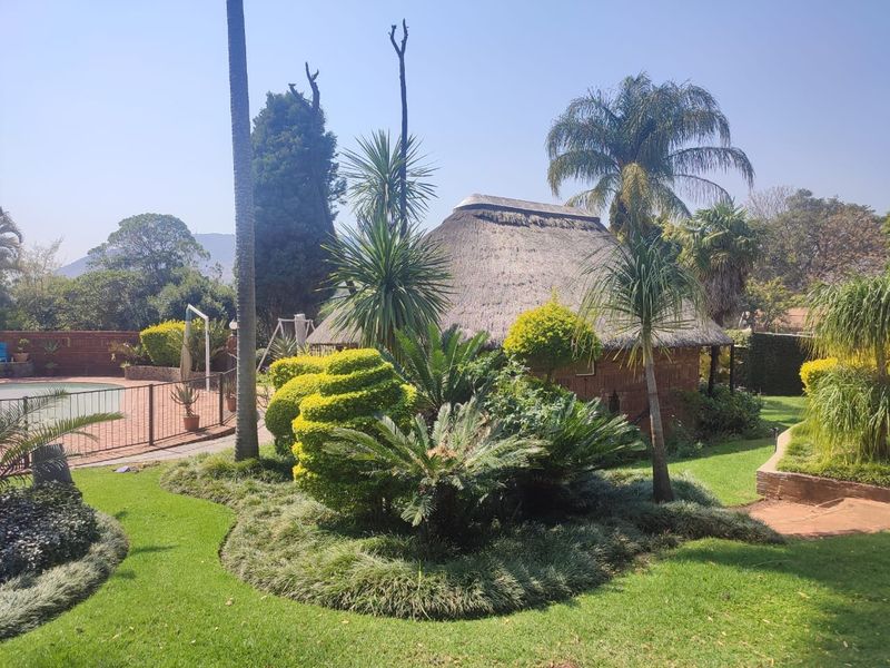 A well-maintained garden area featuring a thatched roof structure, lush landscaping, and a swimming pool enclosed by metal fencing.