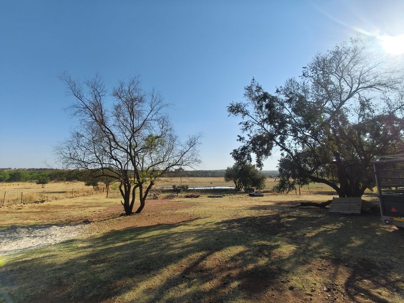 A wide-angle view of the open farm landscape featuring natural vegetation, fencing, and a small water trough under a clear blue sky.