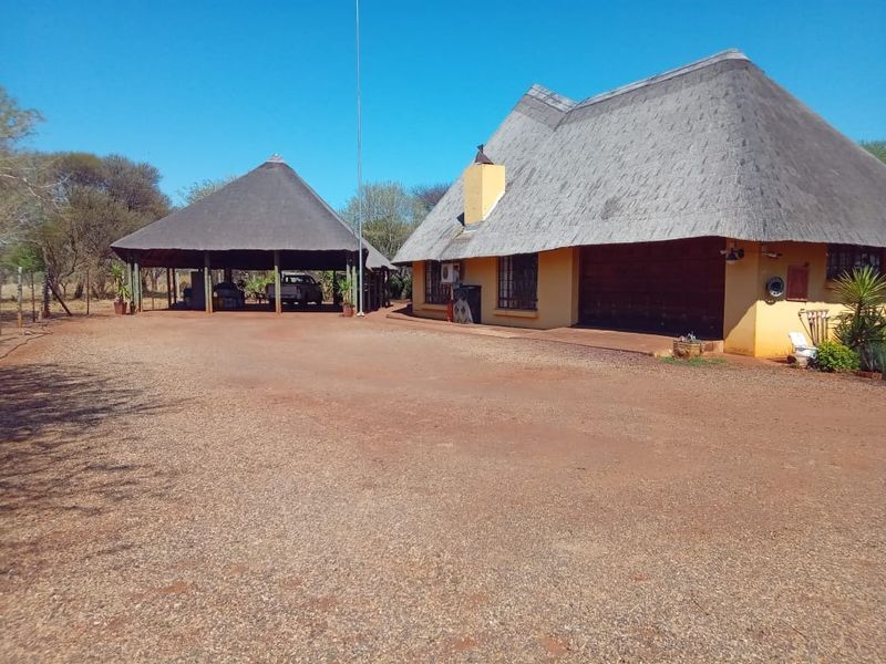 Front view of a property featuring a traditional thatch roof, a spacious gravel driveway, an attached garage, and a separate covered carport area.