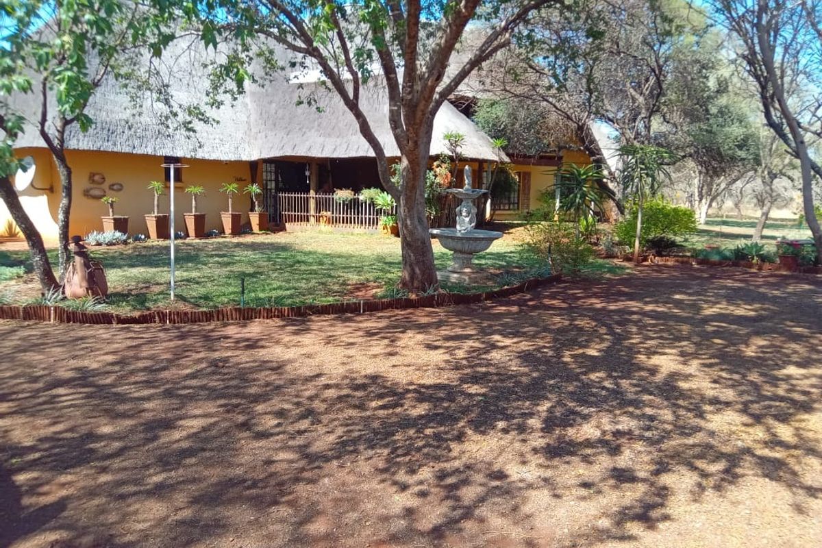 A view of the rear garden featuring a thatched roof dwelling, a covered patio area, and a decorative stone fountain set within a landscaped yard.