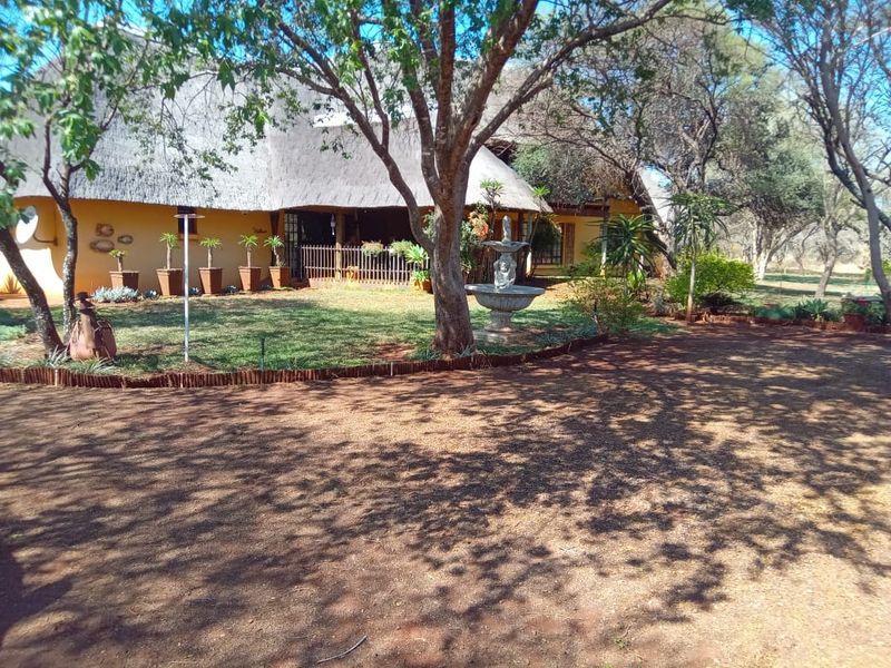A view of the rear garden featuring a thatched roof dwelling, a covered patio area, and a decorative stone fountain set within a landscaped yard.