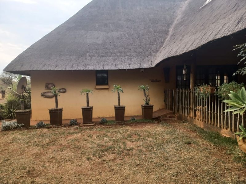 Front exterior view of a house featuring a traditional thatched roof, timber fencing, and a natural garden setting.