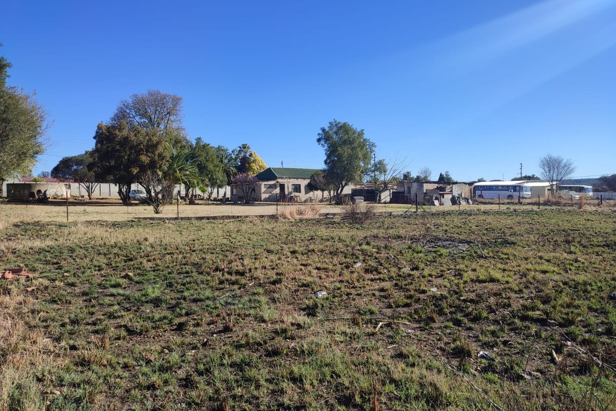 A wide-angle view of a vacant residential plot featuring level ground, perimeter fencing, and mature trees, offering potential for future development.