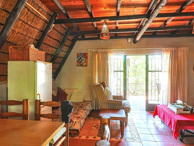 Open-plan living area featuring a rustic exposed timber beam ceiling, thatched roof detail, tiled flooring, and direct access to an outdoor patio.