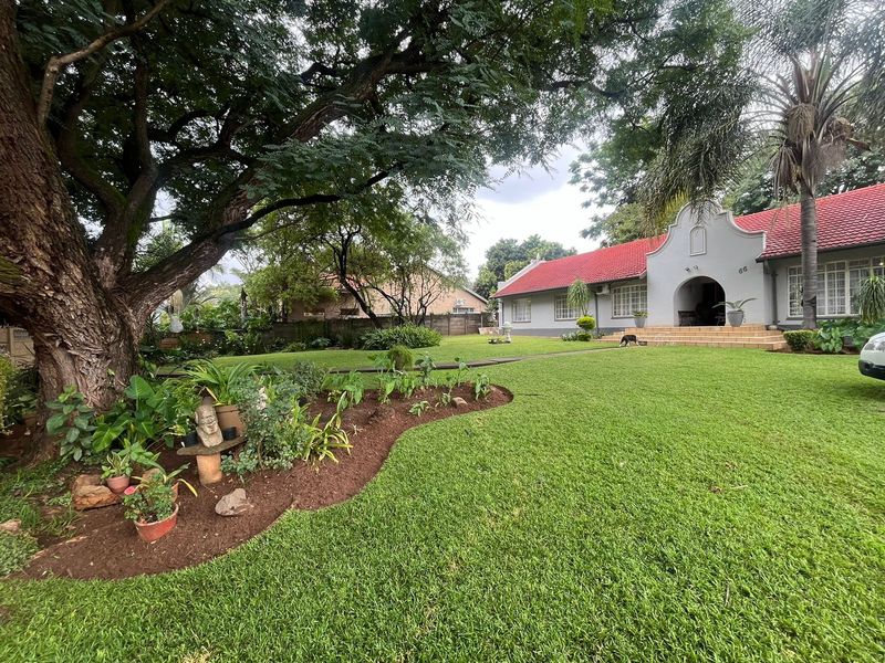A well-maintained front garden featuring a large mature tree, manicured lawn, and a charming house with a distinctive arched entrance and red tiled roof.