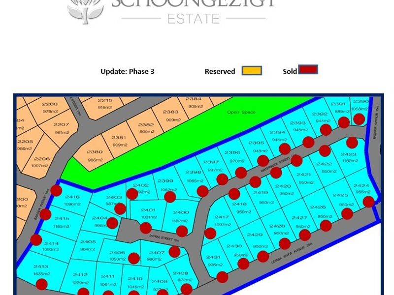 A site development plan for Schoongezigt Estate, showing available, reserved, and sold residential plots within the development.