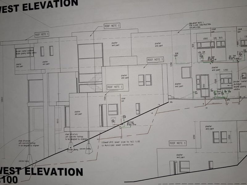 Architectural elevation plan showing the proposed North West and South West building facades, including structural details and window specifications.
