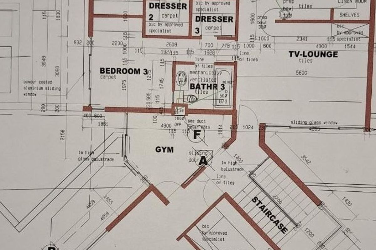A detailed architectural floor plan showing the layout of bedrooms, a TV lounge, a gym, and a staircase area.