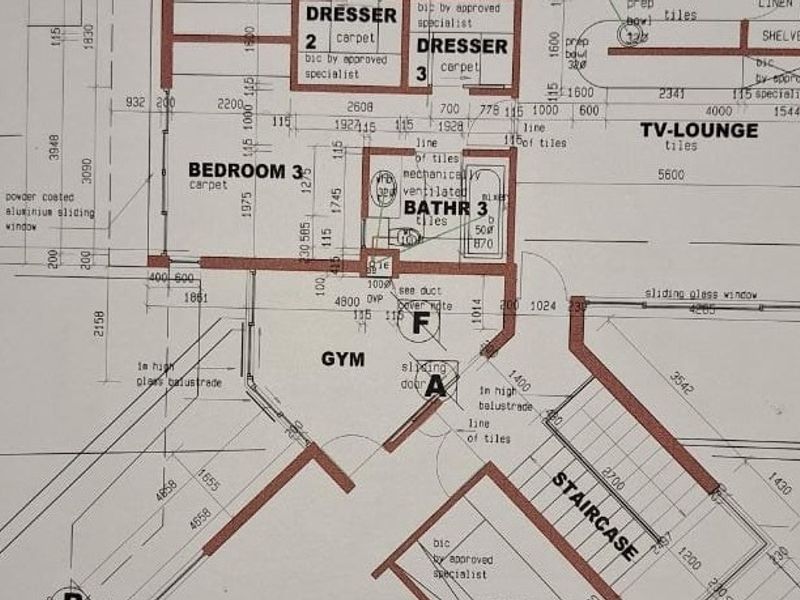 A detailed architectural floor plan showing the layout of bedrooms, a TV lounge, a gym, and a staircase area.
