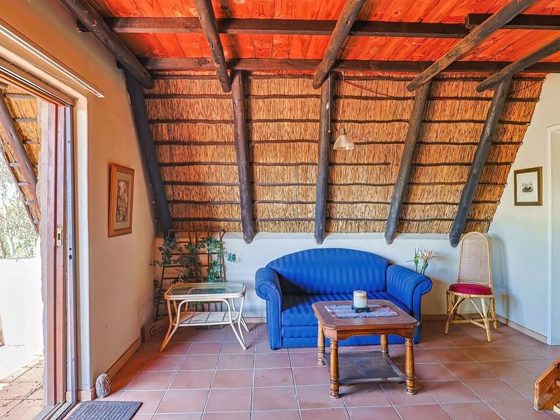 A rustic living area featuring a distinctive thatched roof with exposed timber rafters, tiled flooring, and direct access to an outdoor balcony.