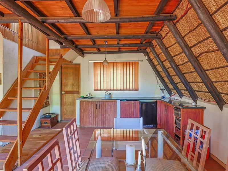Open-plan living area featuring a rustic thatched roof with exposed timber rafters, a wooden staircase, and a compact kitchen with built-in cabinetry.