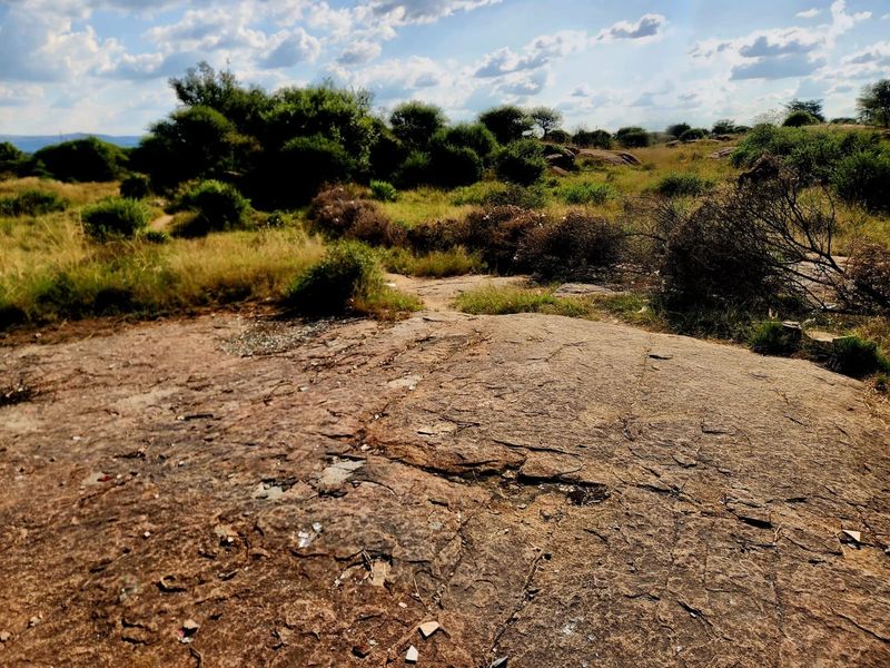 A view of a vacant residential plot featuring natural rock formations and indigenous vegetation under a partly cloudy sky.
