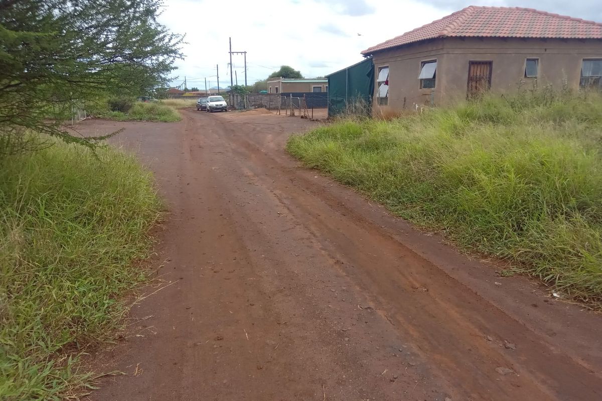 A view of an unpaved residential street approach featuring a single-story dwelling with a tiled roof and surrounding overgrown vegetation.
