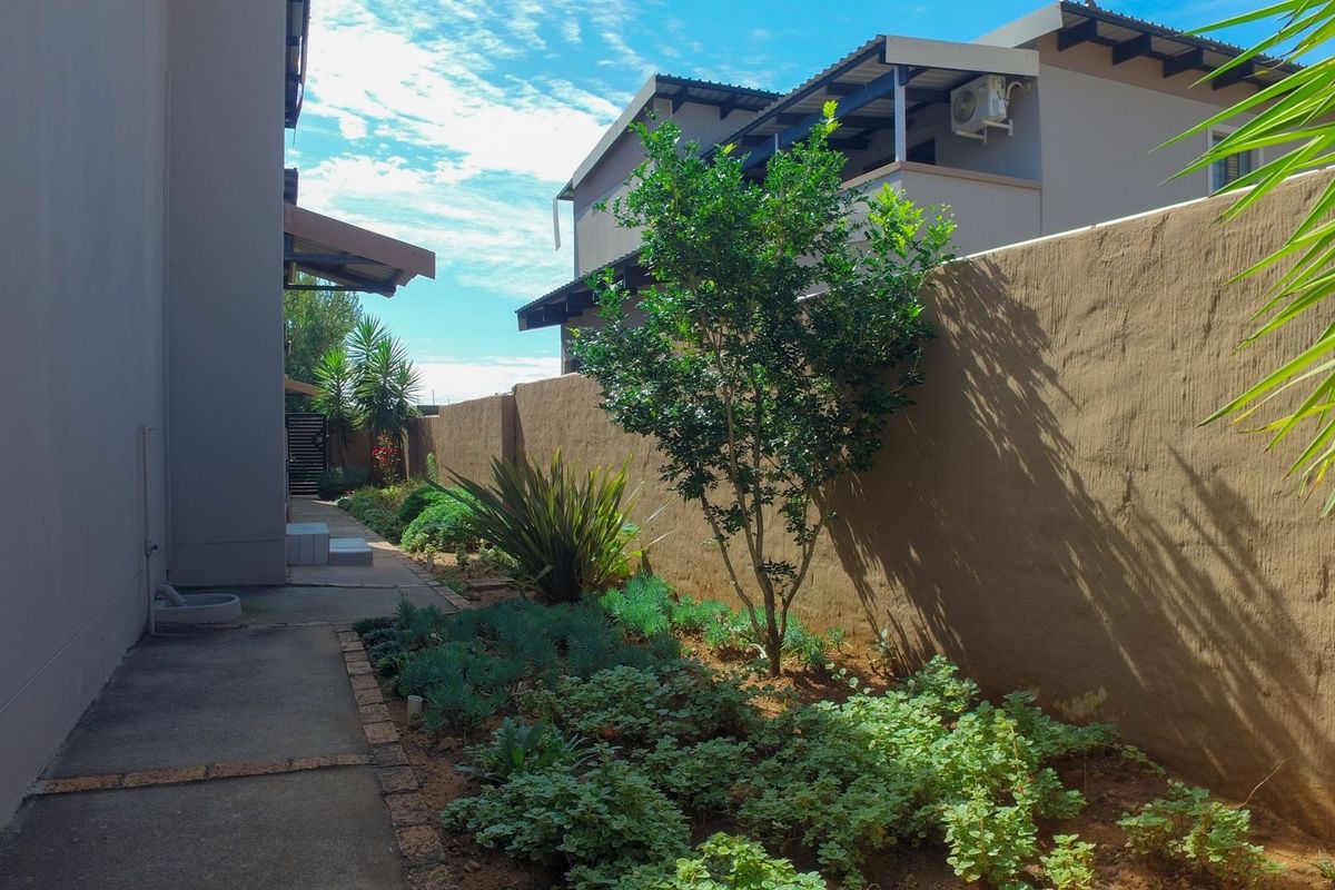 A side garden area featuring a concrete pathway, established garden beds, and a high boundary wall providing privacy.