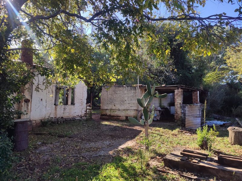 Rear view of a farm property showing weathered brick structures and outbuildings in need of significant renovation and maintenance.