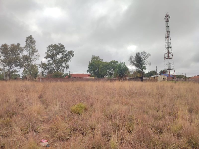 A vacant residential plot featuring tall dry grass, enclosed by a brick boundary wall with a telecommunications tower visible in the background.