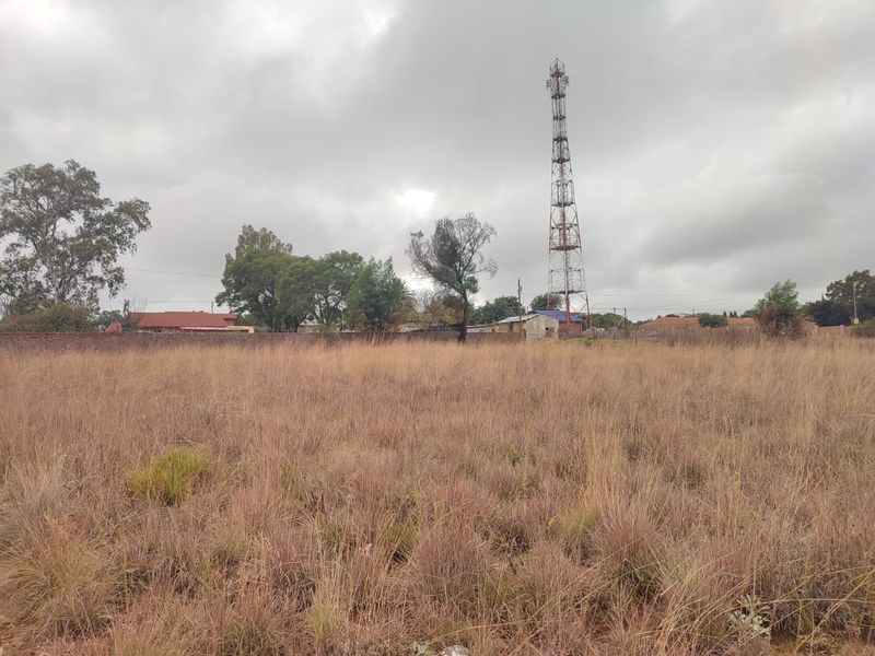 A vacant residential plot featuring tall dry grass, enclosed by a perimeter wall, with a telecommunications tower visible in the background.